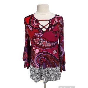 Joseph Ribkoff Women Size 6 Basic Blouse Long Bell Sleeve Cross Crew Neck  306P